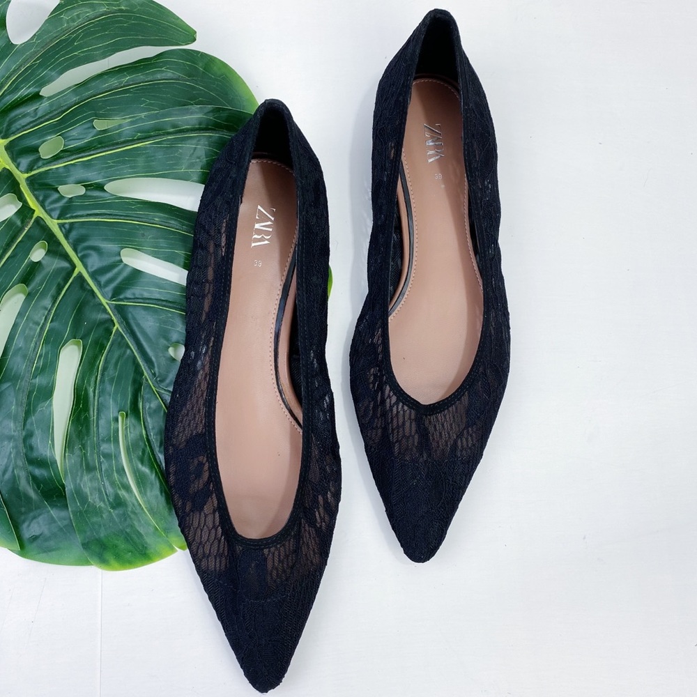 ZARA BLACK LACE POINTED TOE FLAT BALLERINA SHOES